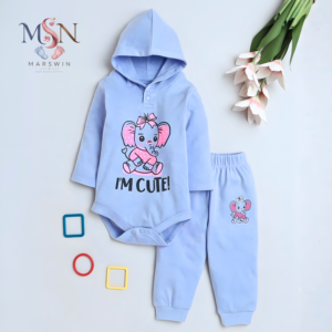 MSN Baby Girls Hooded Cotton Bodysuit & Jogger Set with Cute Elephant Graphic – Soft Blue