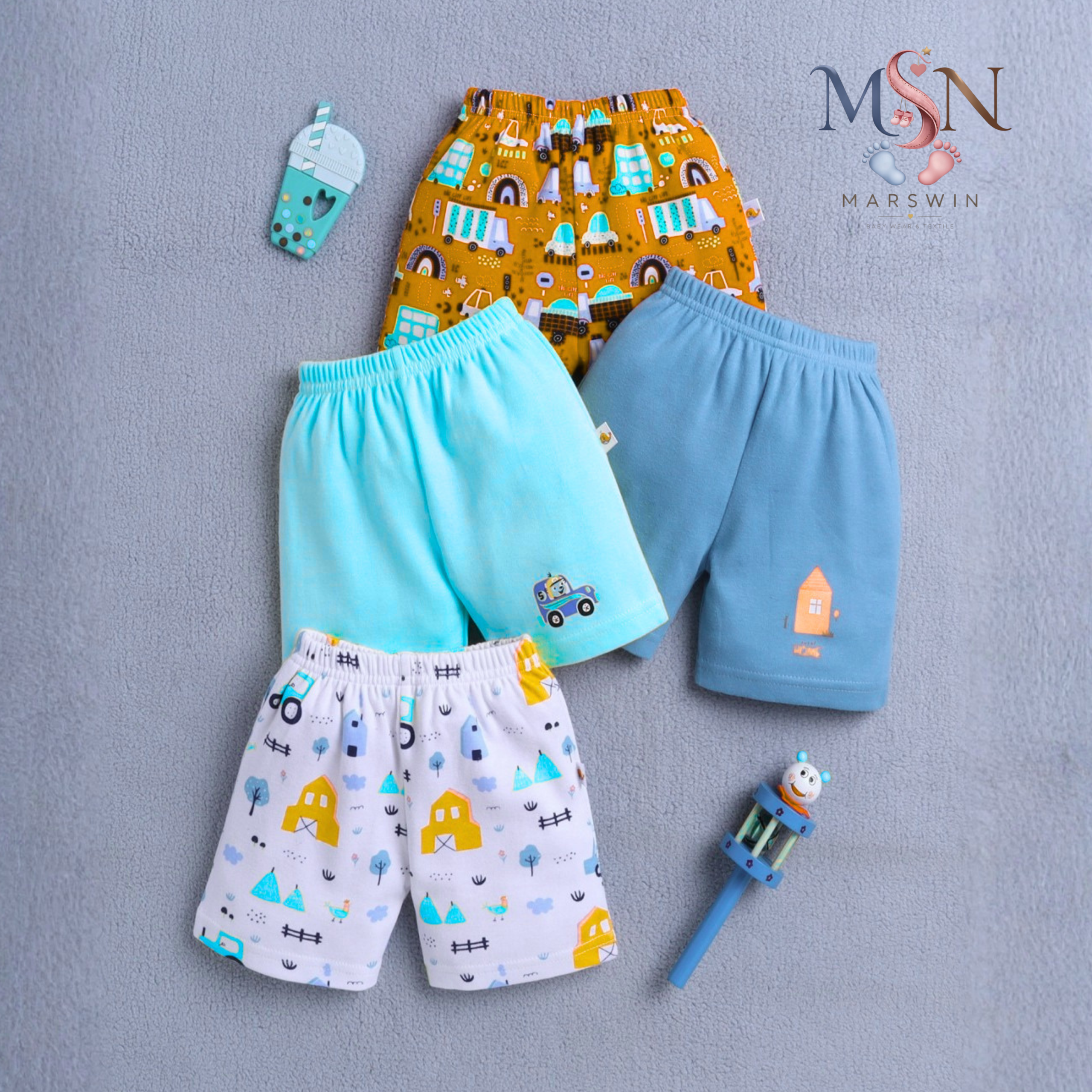 MSN Baby Cotton Printed Shorts Combo Pack – Soft Elastic Waist Multicolor Casual Wear for Boys & Girls