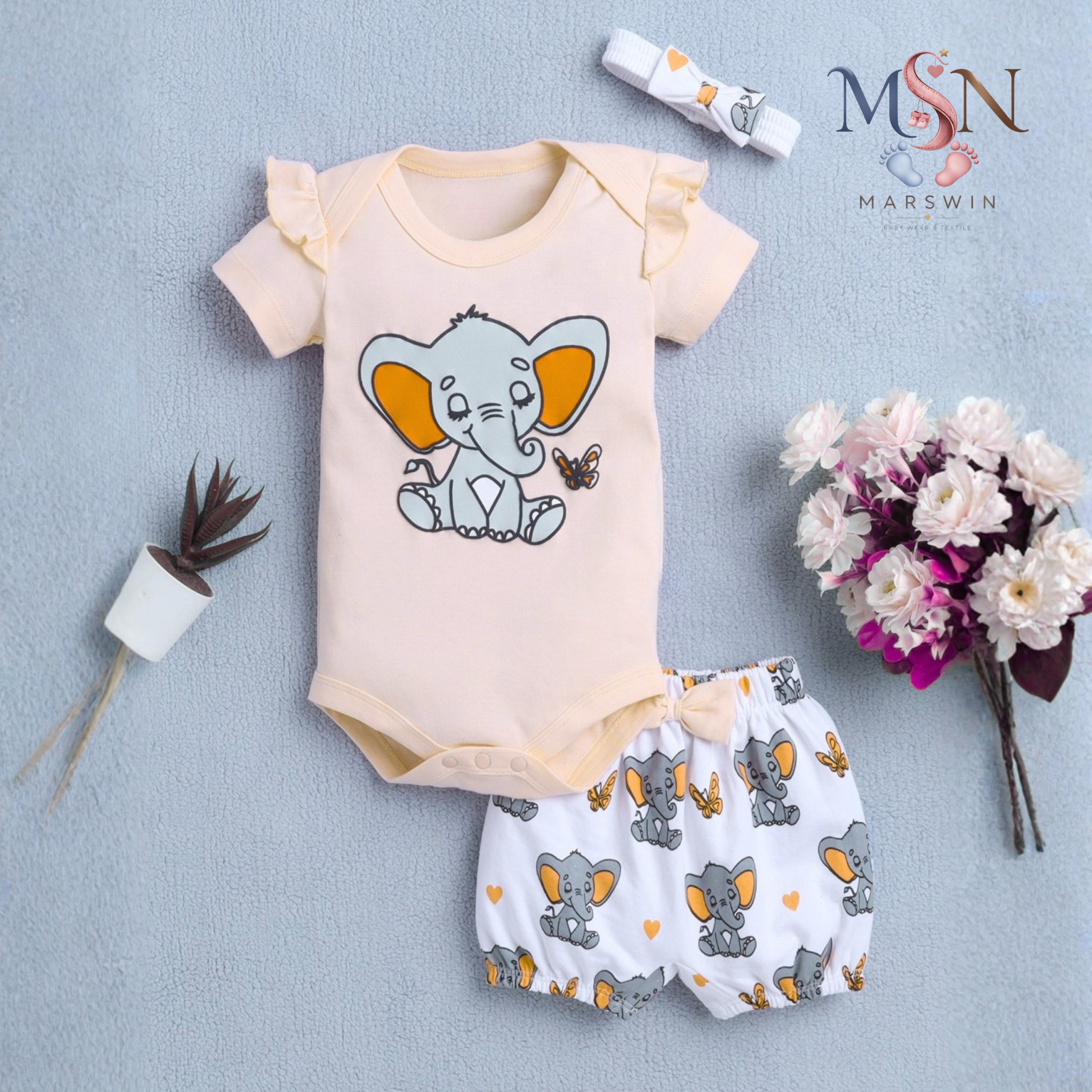 MSN Baby Cotton Bodysuit & Printed Shorts Set with Elephant Graphic – Cream & White