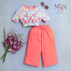 MSN Baby Cotton Printed Crop Top & Solid Culotte Pants Clothing Set – Multicolor & Coral