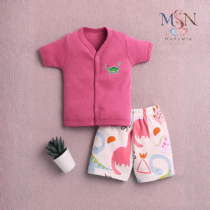 MSN Baby Cotton Jabla & Printed Shorts Set with Dino Motif – Pink & Multicolor
