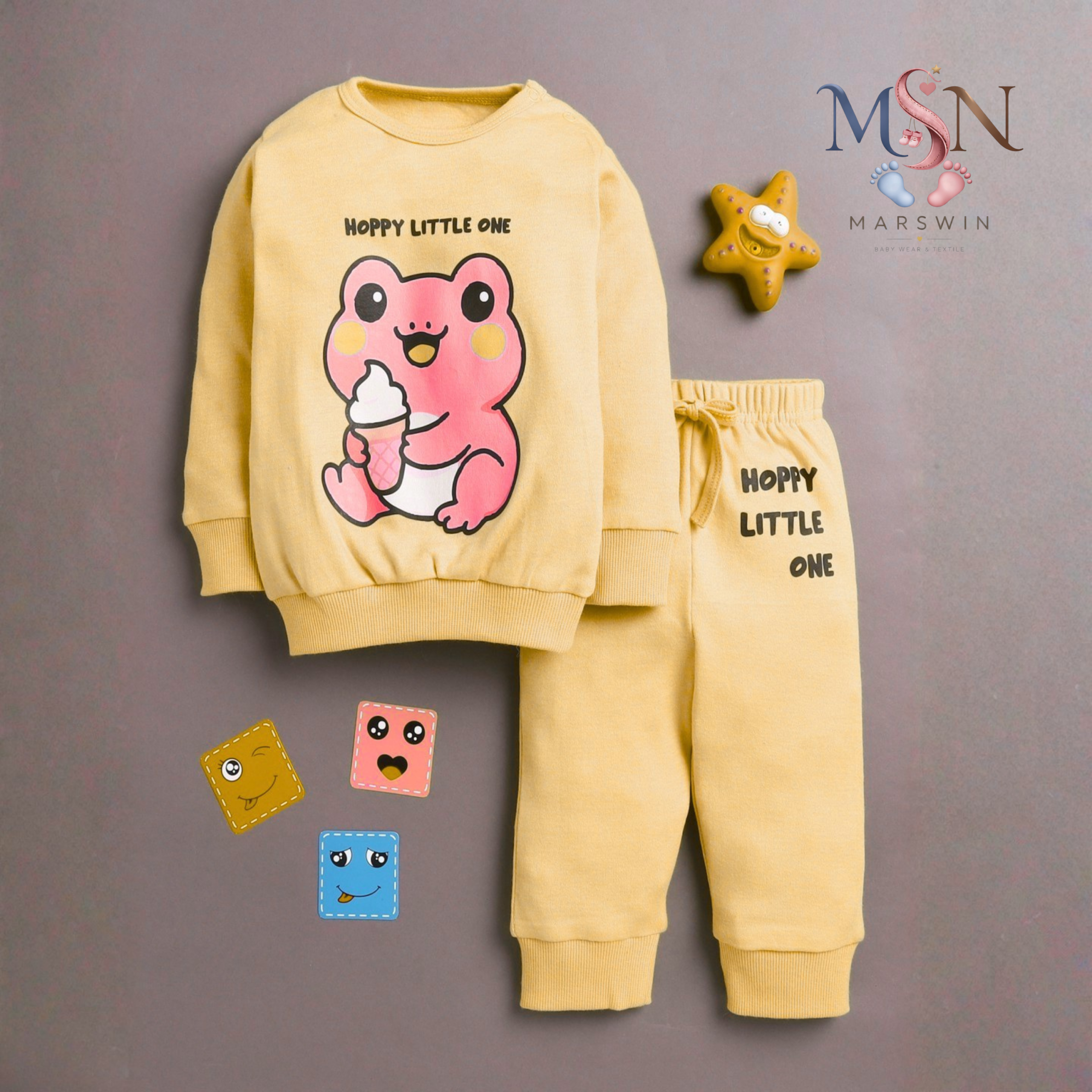 MSN Baby Cotton Printed Sweatshirt & Jogger Set with Cartoon Graphic – Yellow