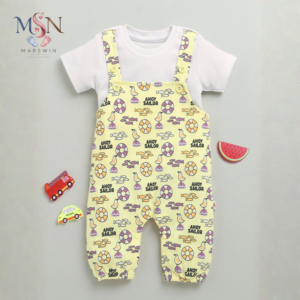 MSN Baby Cotton Printed Dungaree with T-Shirt Set – Soft Sleeveless Strap Romper Outfit