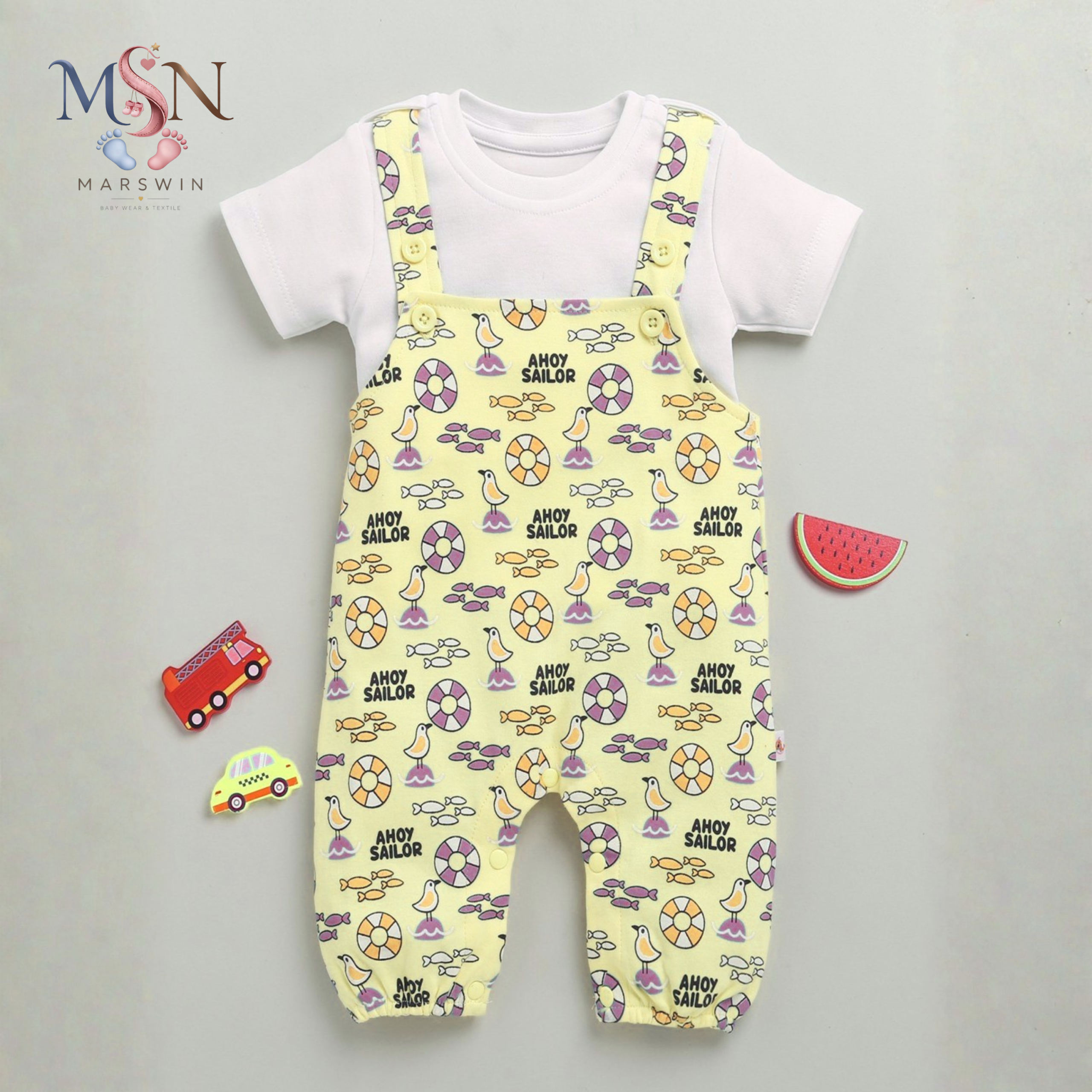 MSN Baby Cotton Printed Dungaree with T-Shirt Set – Soft Sleeveless Strap Romper Outfit