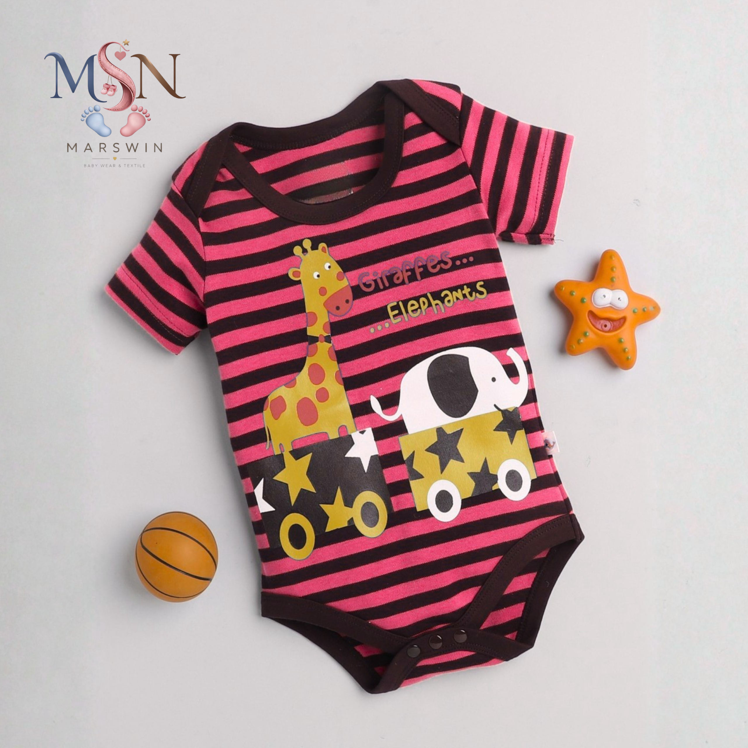 MSN Baby Cotton Half Sleeve Bodysuit with Giraffe Elephant Graphic Print & Striped Design