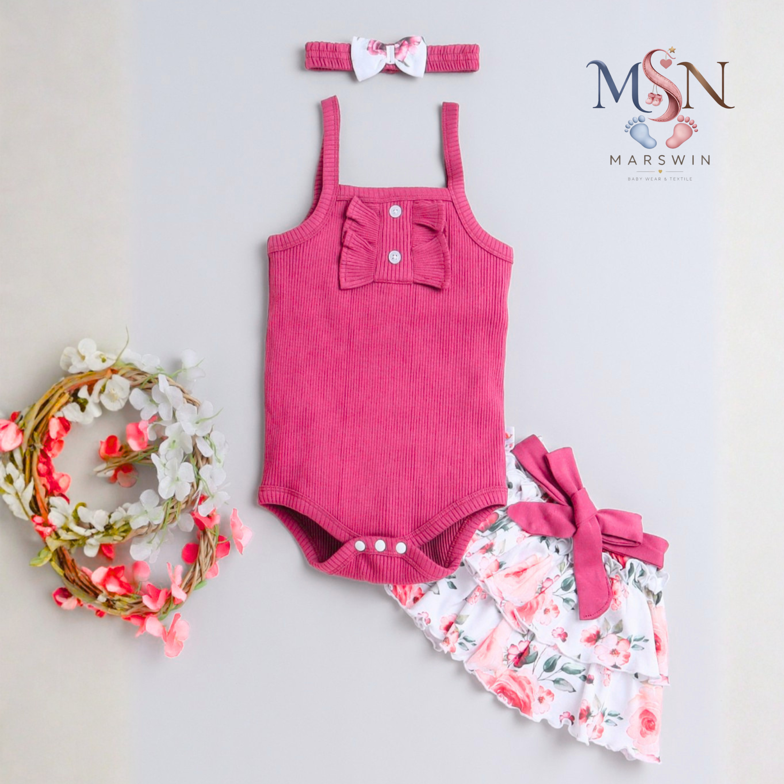 MSN Baby Ribbed Cotton Sleeveless Bodysuit & Floral Skirt Set with Headband – Pink