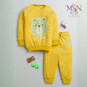 MSN Baby Cotton Sweatshirt & Jogger Set with Bear Print – Soft Winter Wear Clothing Set (Yellow)