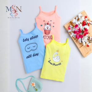 MSN Baby Girls Cotton Printed Slip Tops Combo Pack – Soft Sleeveless Strap Tees for Daily Comfort Wear
