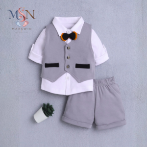 MSN Baby Cotton Formal Shirt, Waistcoat & Shorts Set with Bow Tie – Grey & White Solid Party Wear
