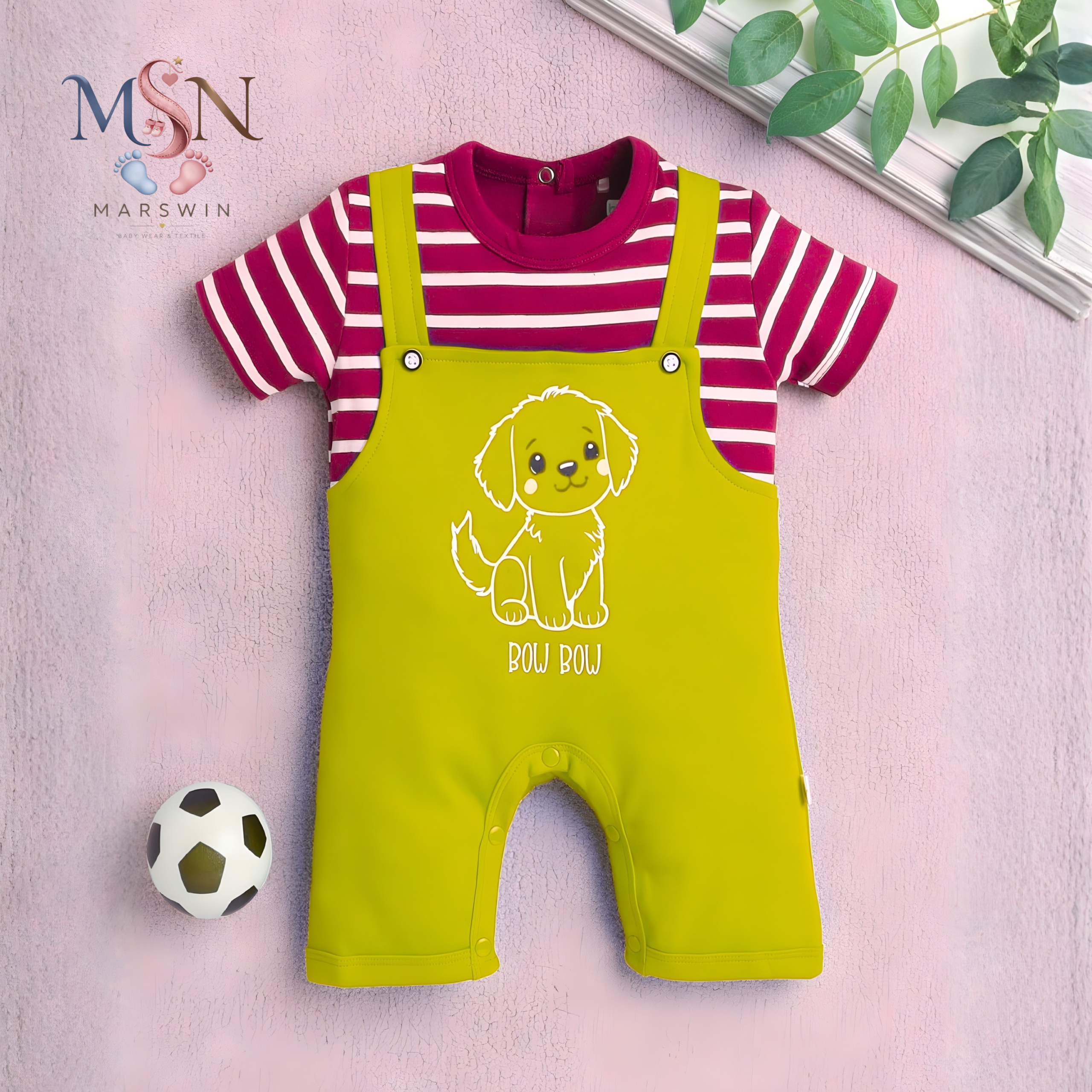MSN Baby Cotton Dungaree Style Romper with Striped T-Shirt & Puppy Graphic Print