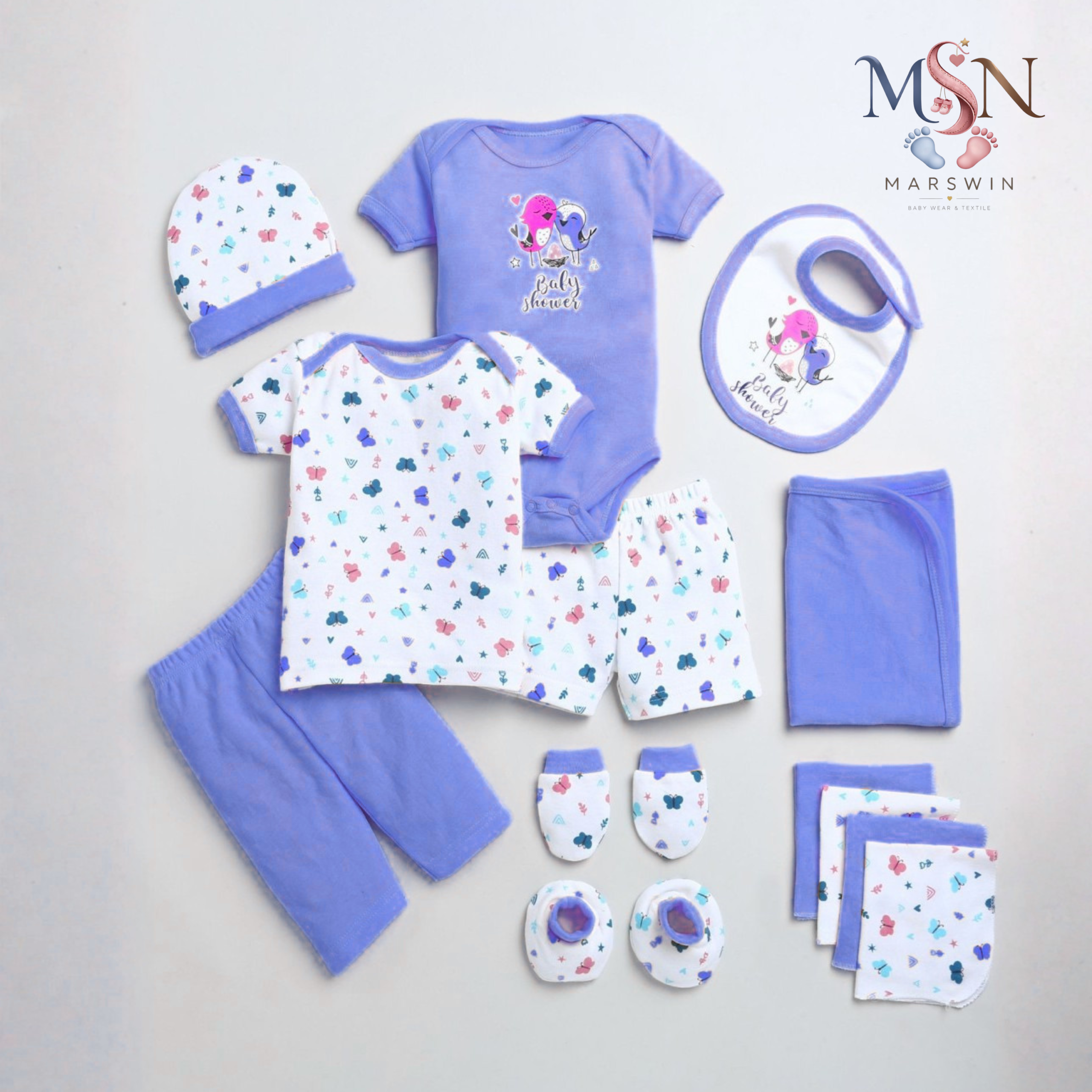 MSN Baby Cotton Newborn Gift Set 10 Pieces with Printed & Solid Essentials – Blue & White