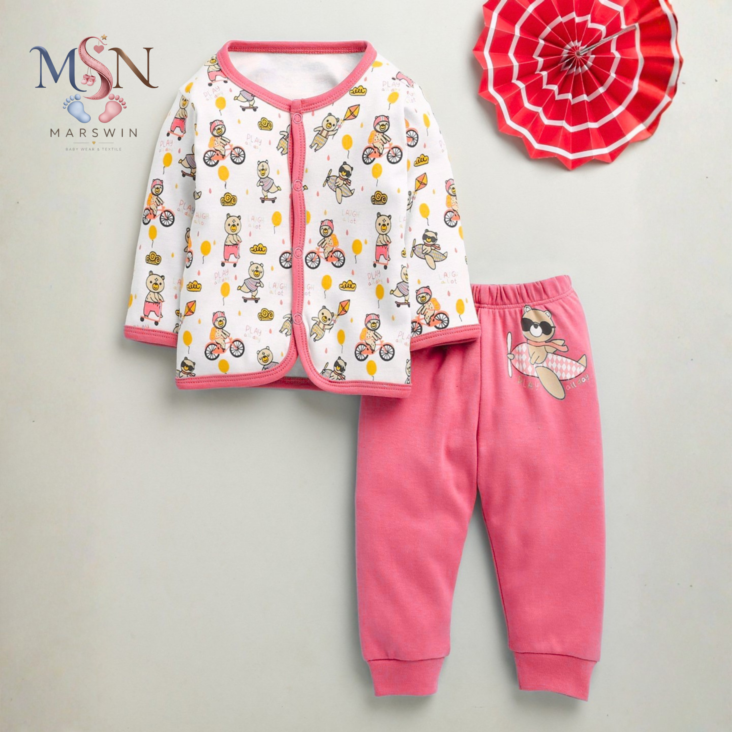 MSN Baby Cotton Printed Jabla & Pyjama Set with Cartoon Pattern – White & Pink