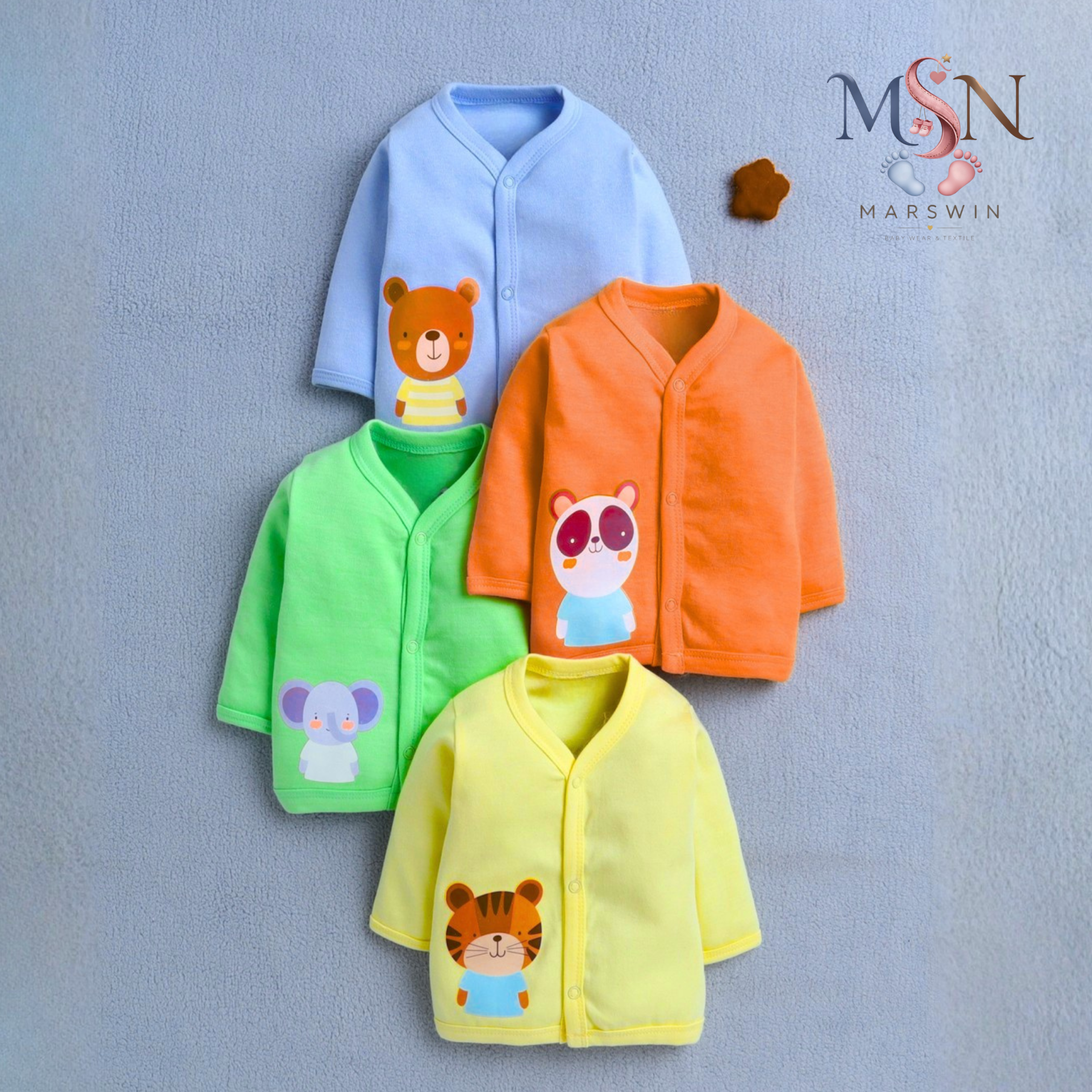MSN Baby Cotton Front Open Jabla Pack of 3 with Soft Printed & Striped Design – Blue Combo - Image 2