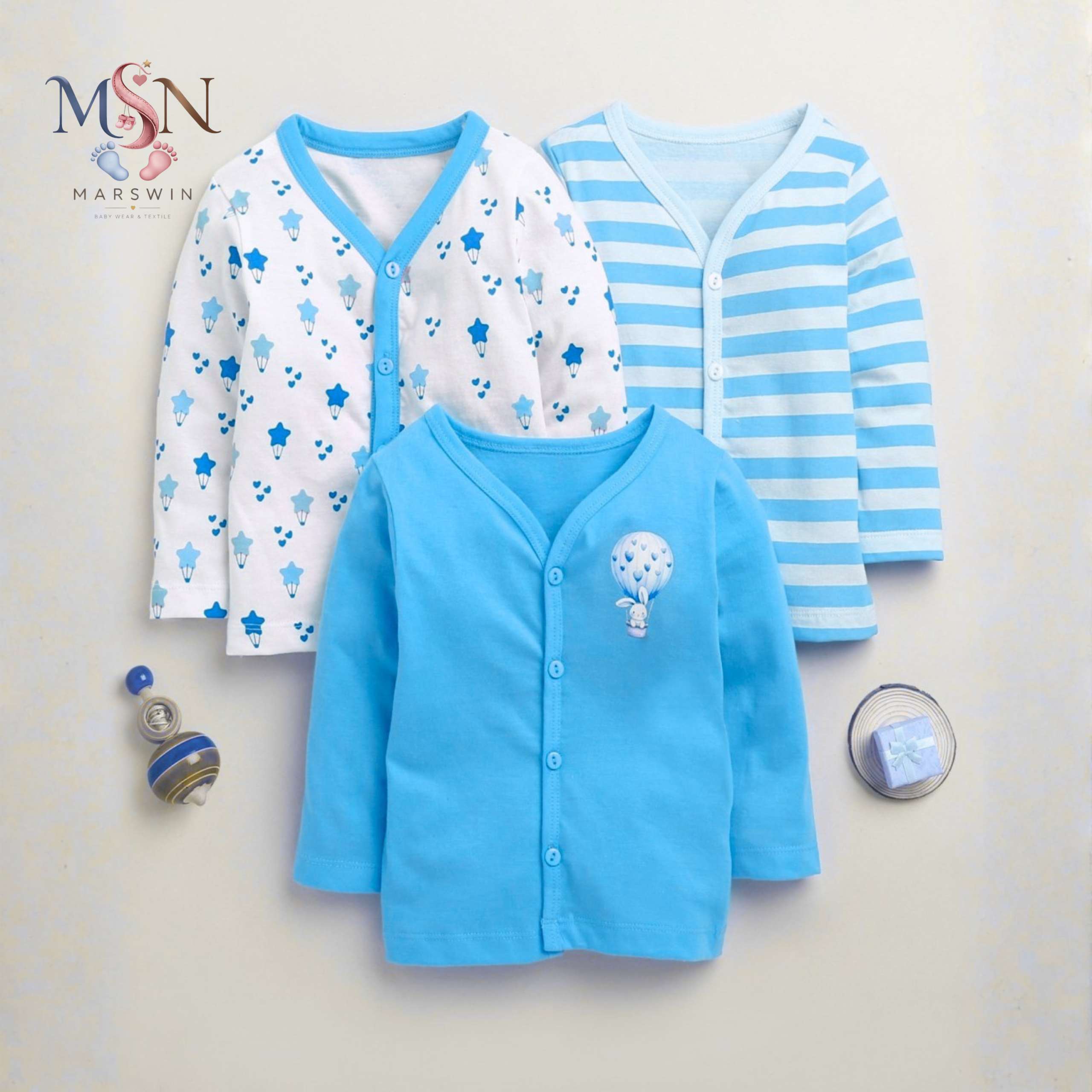 MSN Baby Cotton Front Open Jabla Pack of 3 with Soft Printed & Striped Design – Blue Combo