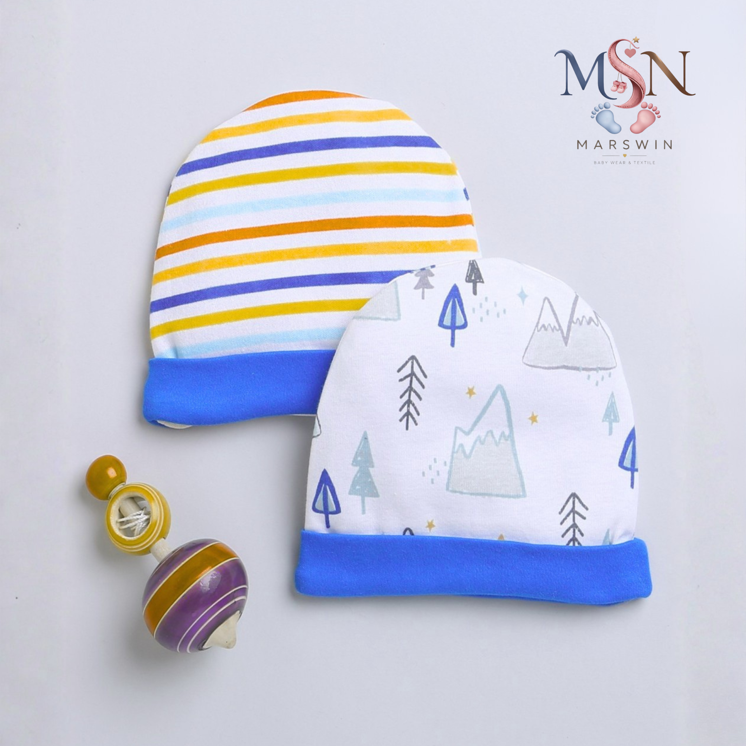 MSN Soft Cotton Baby Cap Set (Pack of 2/3) – Printed & Striped Infant Caps - Image 3