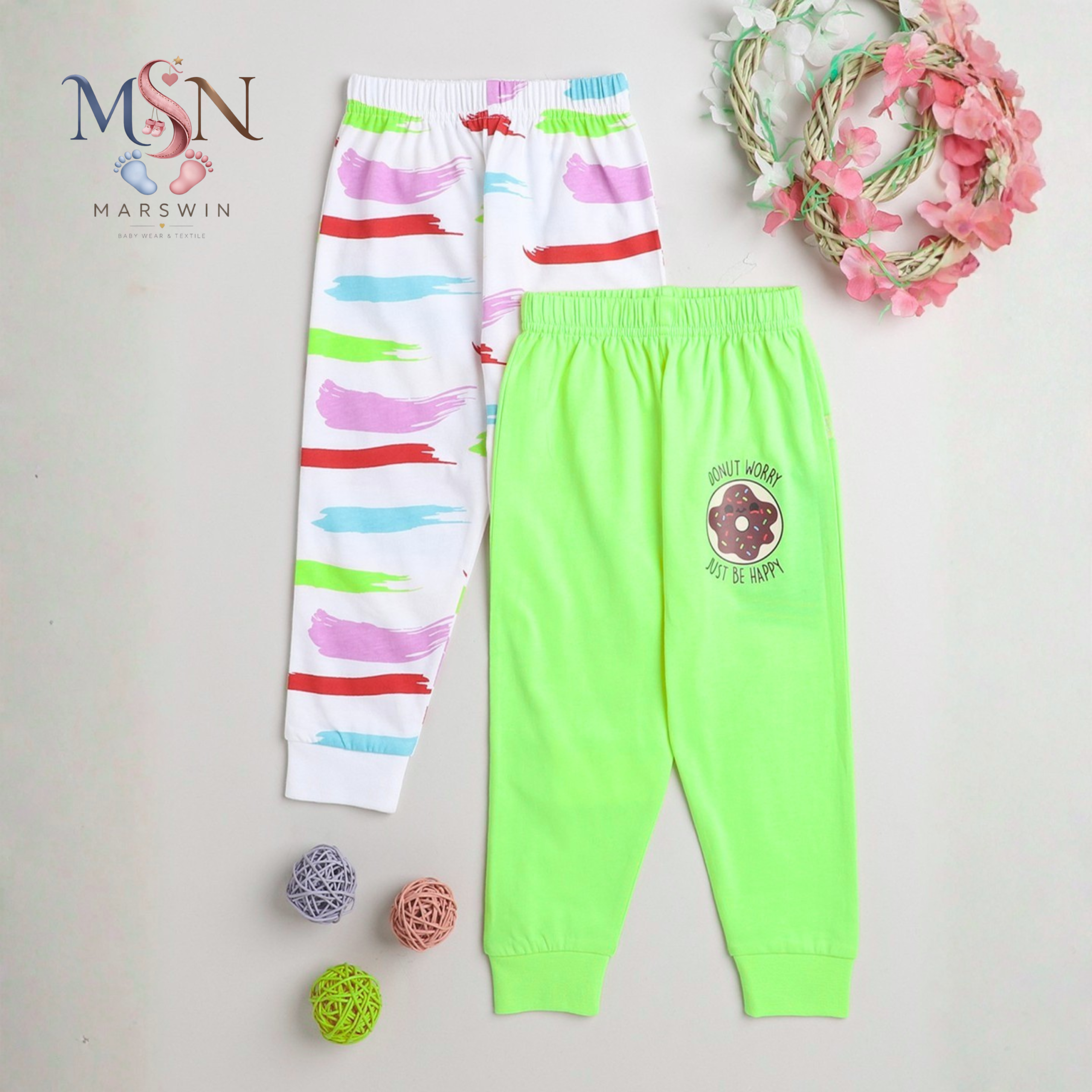 MSN Baby Boys & Girls Cotton Printed Pyjama Pants Combo Pack (Multi-Color Graphic & Solid, Soft & Comfortable) - Image 2