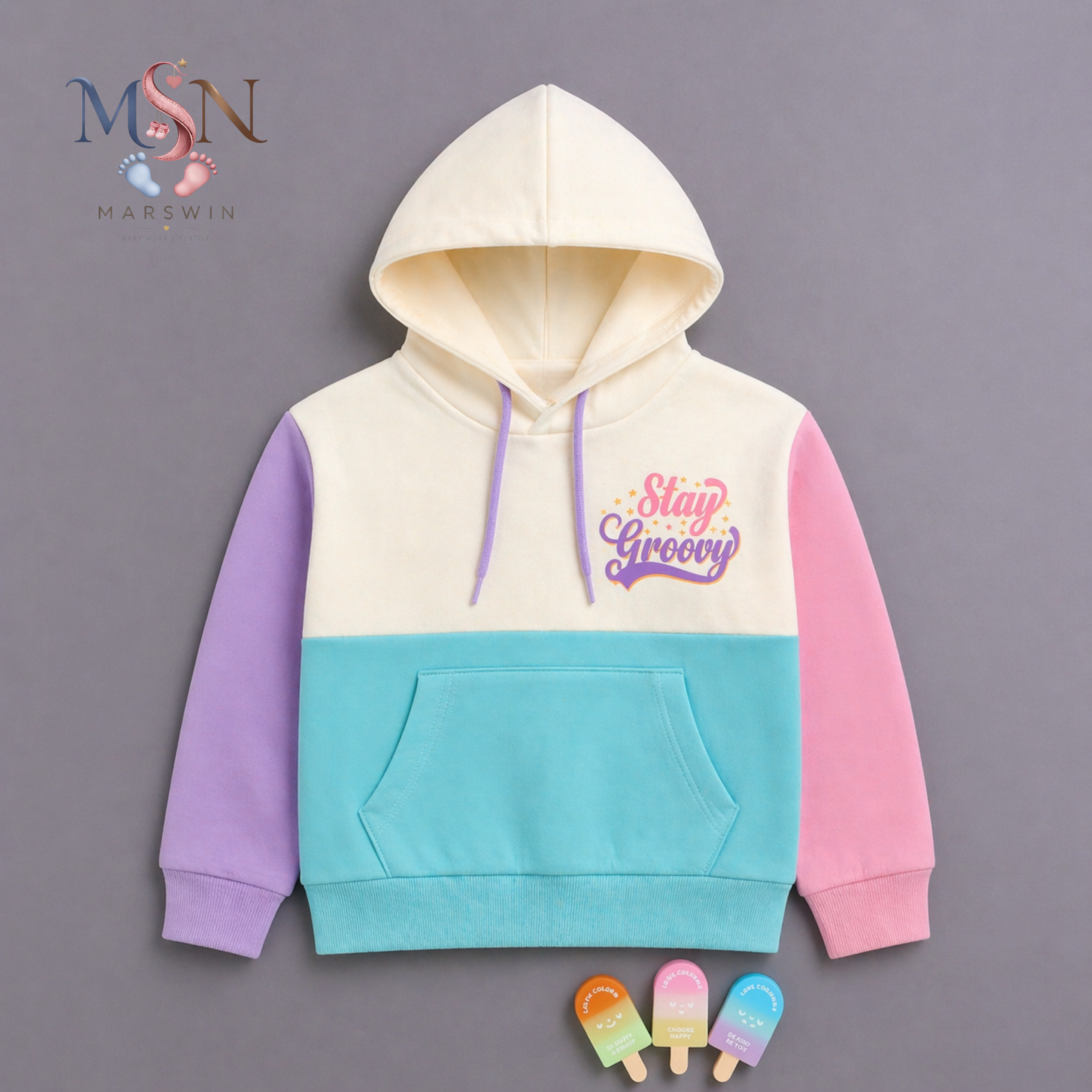 MSN Girls Full Sleeve Hooded Sweatshirt with Graphic Print & Colorblock Design - Image 2