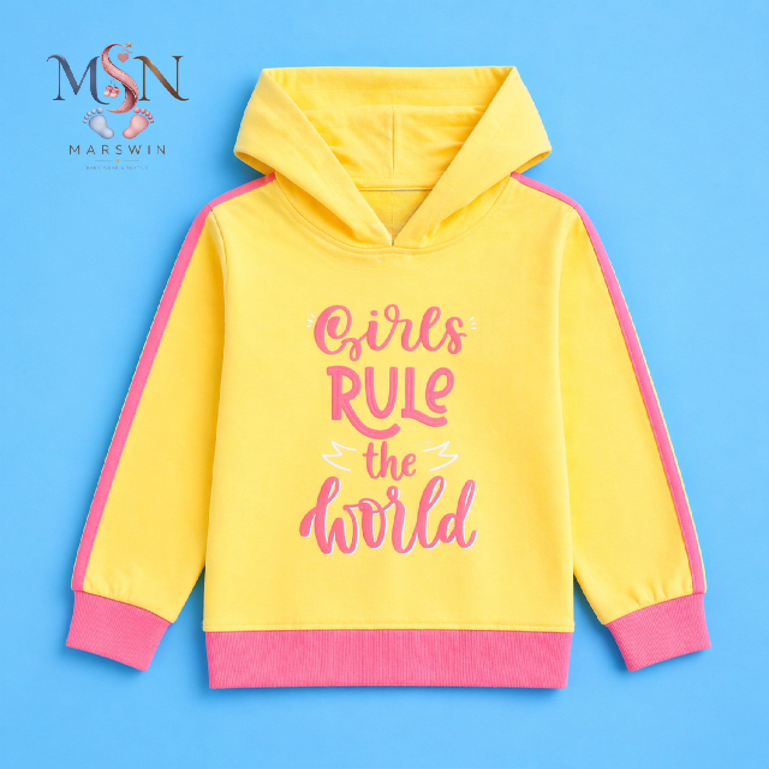 MSN Girls Full Sleeve Hooded Sweatshirt with Graphic Print & Colorblock Design